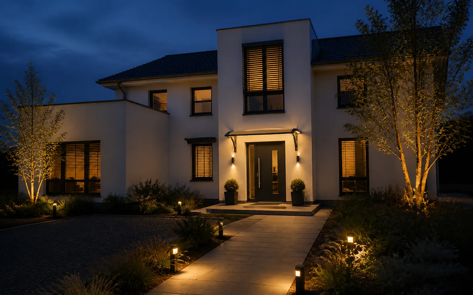 Complete gevel met warm verlichte entree, tuin en looproute