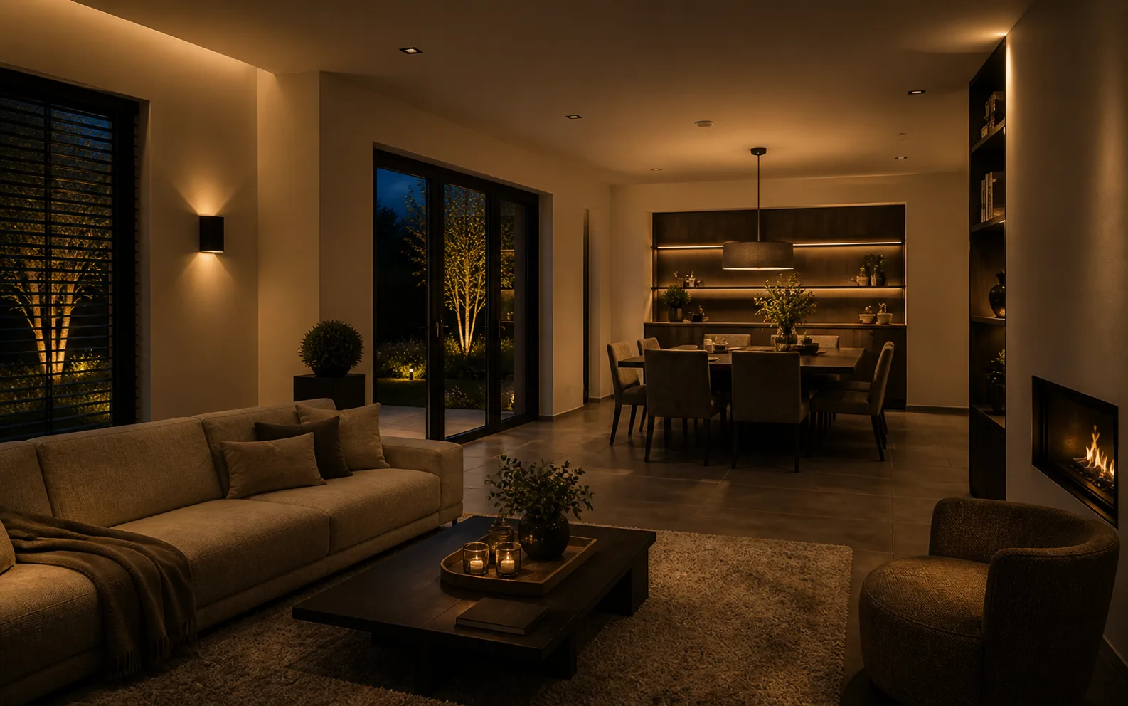 Warm interieur met gelaagde verlichting en zicht op de tuin