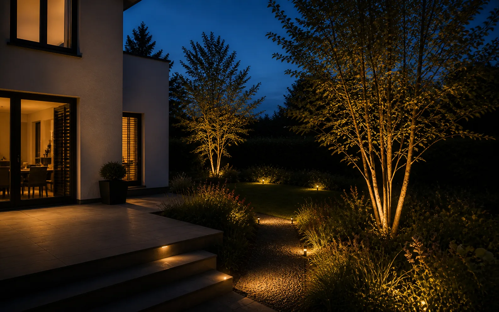 Rustig verlichte tuin met terras, beplanting en volwassen bomen
